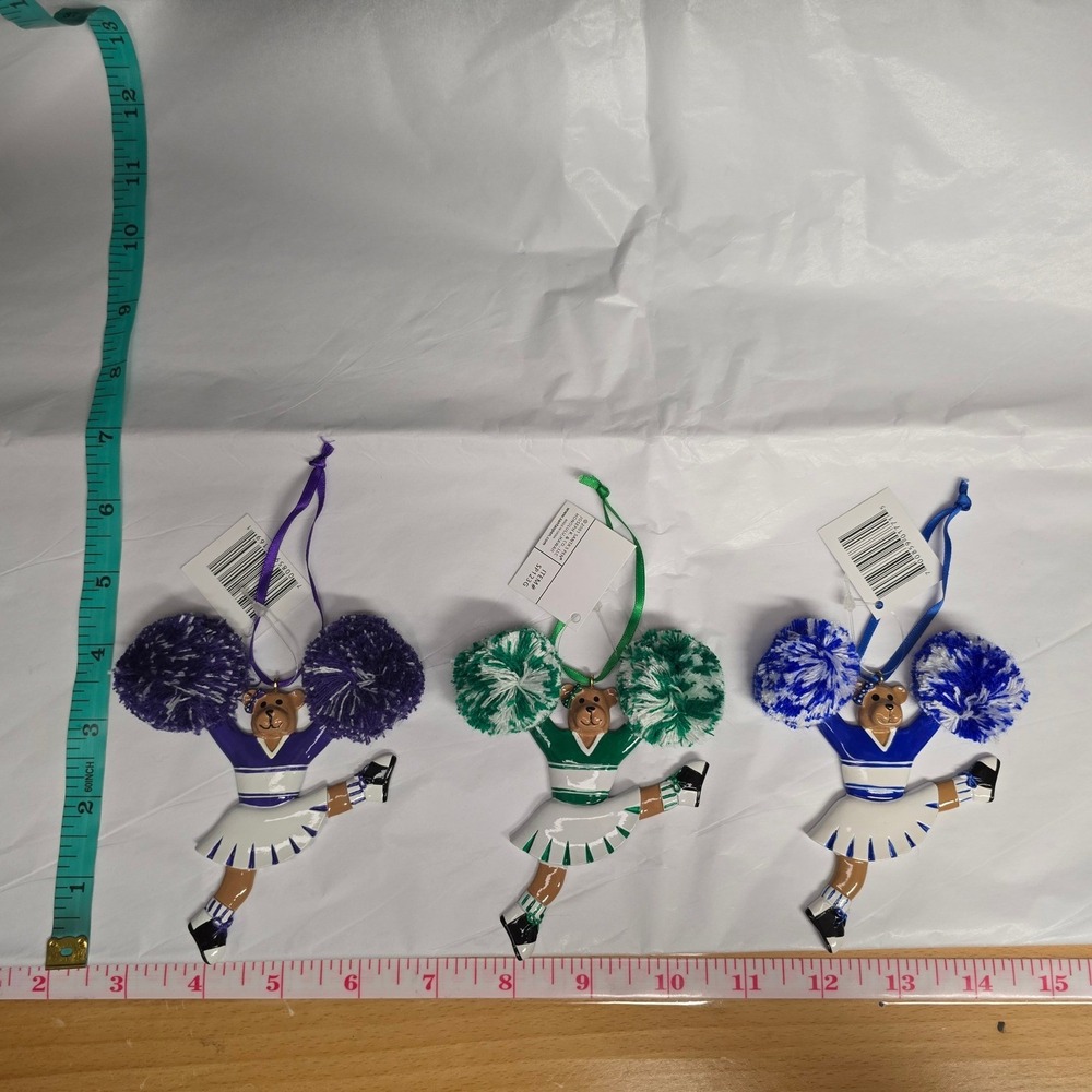 Set‎ of 3 Santa's Best Cheerleader Bear Ornaments Purple Green Blue Pom Poms